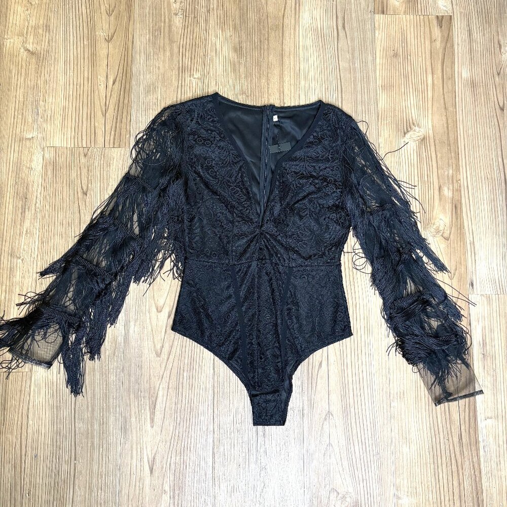 Lace Long Sleeve Bodysuit with Fringe Detail | Black | Sheer & Fitted